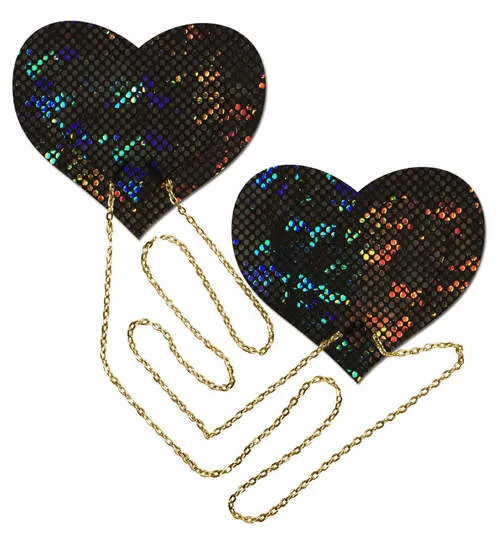 Anal Pastease Black Shattered Disco Ball Heart W Gold Chains Pasties