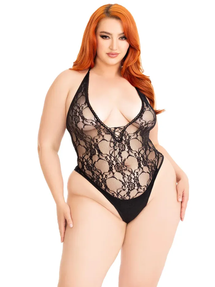 Leg Avenue Couples Floral Lace up Deep V Bodysuit