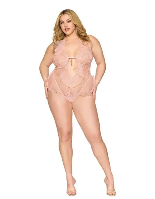 Dream Girl Lingerie Dreamgirl Teddy in Rose Quartz Delicate Lace with Flirty Flounce Details QS Female Sex Toys Dream Girl Lingerie Dreamgirl Teddy in Rose Quartz Delicate Lace with Flirty Flounce Details QS Female Sex Toys