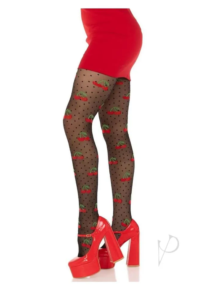 Female Sex Toys Indulge in Retro Charm with Cherry Pie Dotted Tights in Black Your Rockabilly Dream Leg Avenue Inc