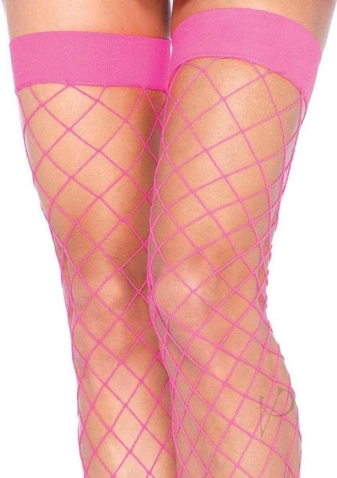 Leg Avenue Inc Vibrators Ida Net Thigh High Stockings Pink Fishnet with Boxy Fence Net Design by Leg Avenue