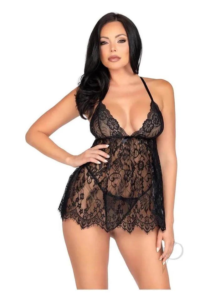 Vibrators Floral Babydoll Eyelash Gstring Sm Blk Leg Avenue Inc