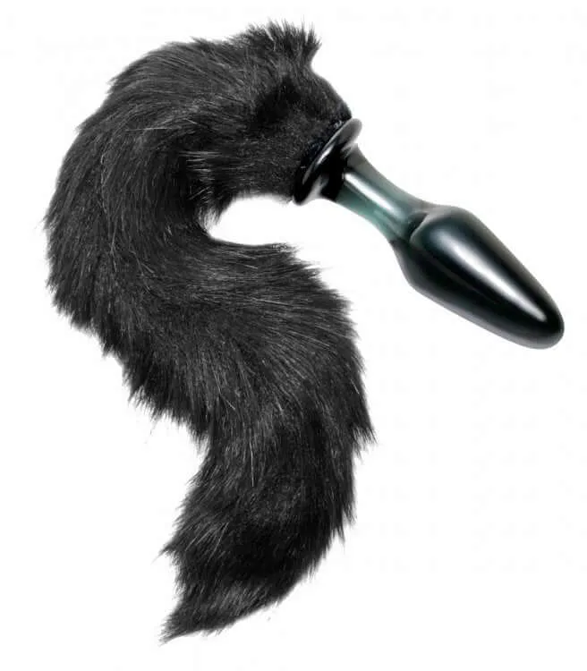 XR Brands Anal Tailz Midnight Fox Glass Plug with Tail Sexy Black Faux Fur and Smooth Glass Anal Plug