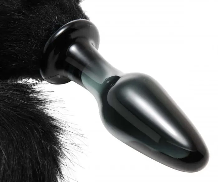 XR Brands Anal Tailz Midnight Fox Glass Plug with Tail Sexy Black Faux Fur and Smooth Glass Anal Plug