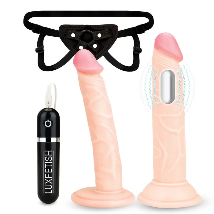 Lux Fetish Female Sex Toys 3Piece StrapOn Pegging Set with Harness and Realistic Textured Vibrating Anal Dildo