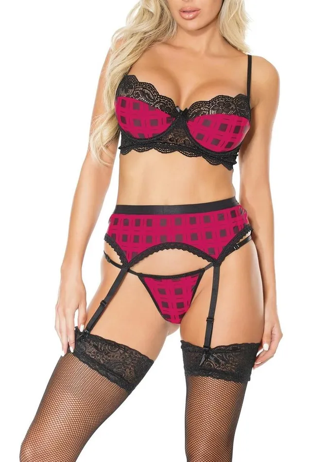 Pink Pussycat Plaid Bra Garter Belt and GString Pink Pussycat Vibrators