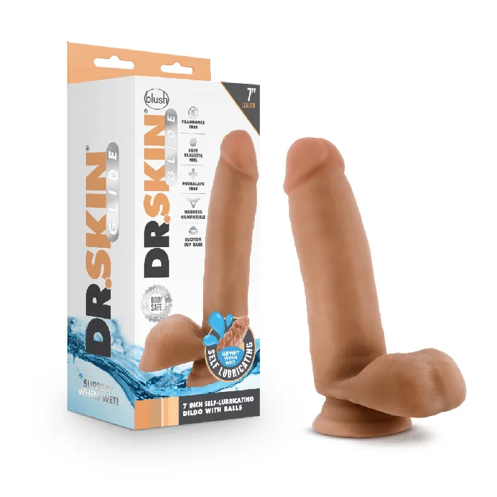 Dr Skin Glide 7 Inch Self Lubricating Dildo With Balls Mocha Blush Novelties Dildos Dr Skin Glide 7 Inch Self Lubricating Dildo With Balls Mocha Blush Novelties Dildos