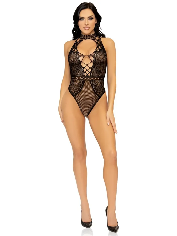 Leg Avenue Teddies And Bodies Net and Lace Keyhole Halter Bodysuit One Size Leg Avenue Teddies And Bodies Net and Lace Keyhole Halter Bodysuit One Size