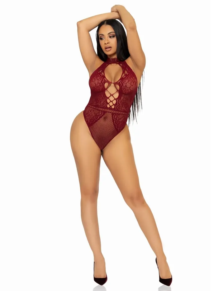 Leg Avenue Teddies And Bodies Net and Lace Keyhole Halter Bodysuit One Size Leg Avenue Teddies And Bodies Net and Lace Keyhole Halter Bodysuit One Size