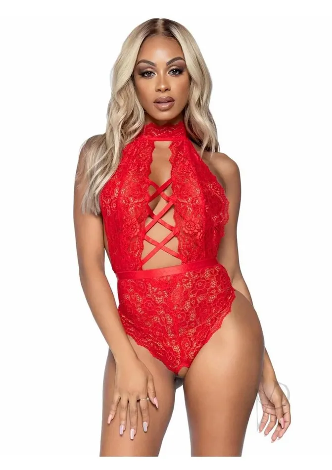 Leg Avenue Vibrators High Neck Teddy Thong Sm Red
